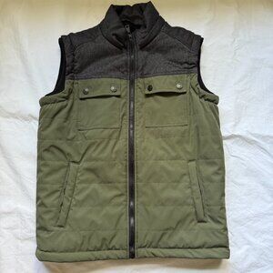 Men's PX Clothing puffy vest, size M, olive/black, EUC, sherpa lined